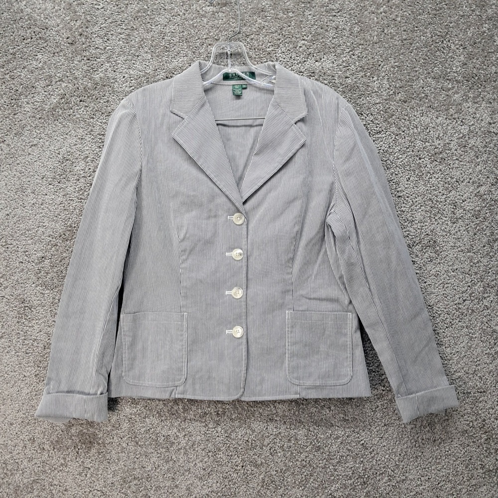 Lauren Ralph Lauren Petite Pinstripe Blazer Navy Blue White Cotton Jacket P/L